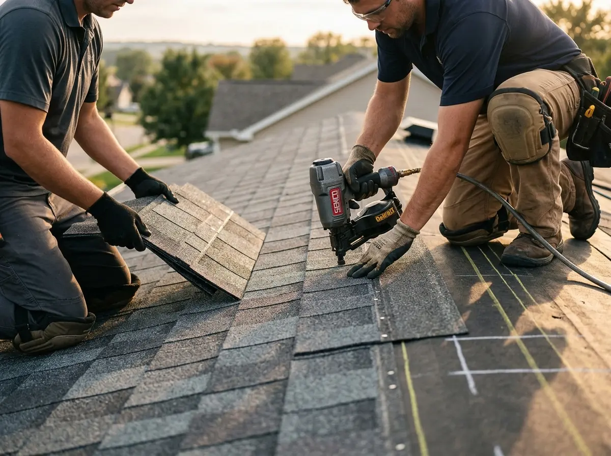 Professional roofer working on a residential roof in Weatherford